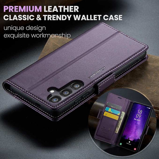 AUPAI for Samsung Galaxy S24 FE Wallet Case with Credit Card Holder, PU Leather RFID Blocking Folio Flip Kickstand Magnetic Clasp Protective Phone Cover for Women Men Purple