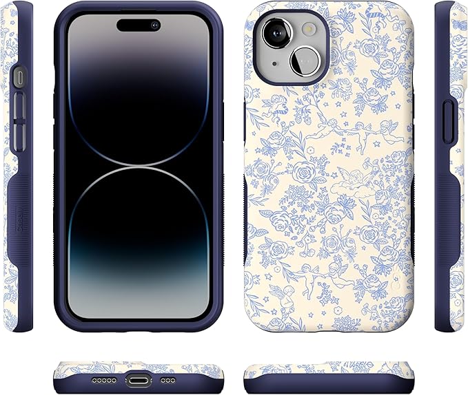 Casely iPhone 14 Case | Cupid's Canvas | Periwinkle Floral | Compatible with MagSafe | Bold Protective Design