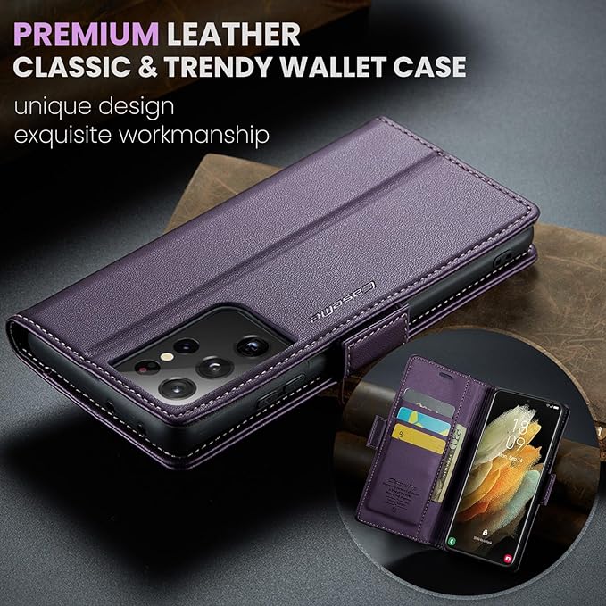 AUPAI for Samsung Galaxy S21 Ultra Wallet Case with Credit Card Holder, PU Leather RFID Blocking Folio Flip Kickstand Magnetic Clasp Protective Phone Cover for Women Men Purple