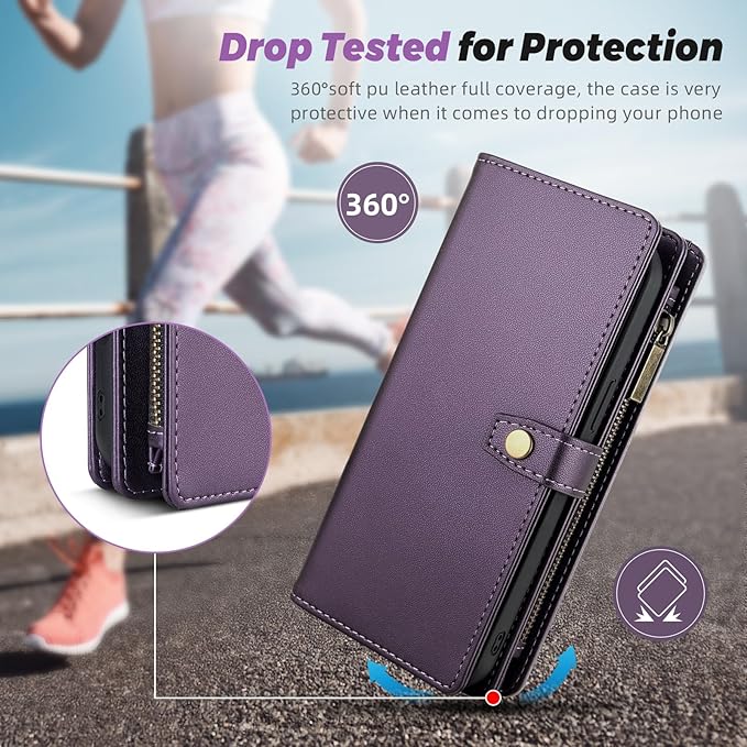 TwoHead Wallet Case Compatible with iPhone 15 Pro,Detachable Magnetic Phone Case,All-Round Protective Leather Phone Case with Card Holder,6.1 in,Deep Purple