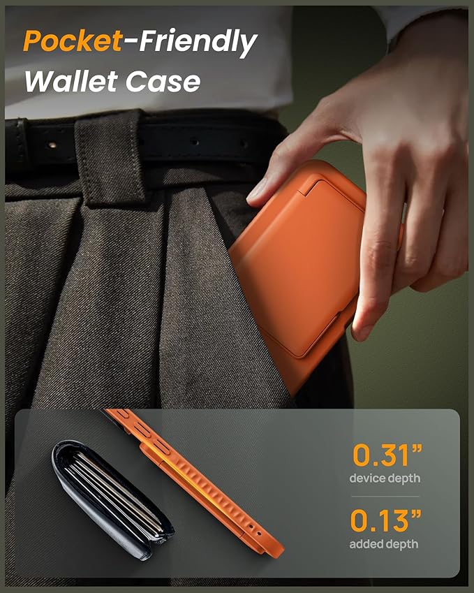 for iPhone 17 Pro Case with Credit Card Holder, Built-in Camera Cover & Stand, Silicone Bumper Raised Edge Multifunctional Full Body Protective Phone Cover Case for iPhone 17 Pro 2025, Orange