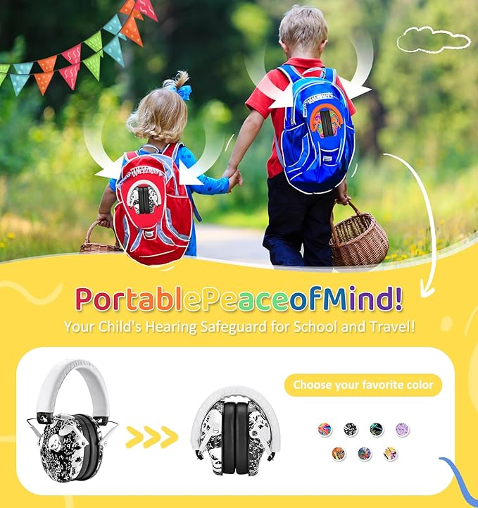 PROHEAR 032 Kids Ear Protection Safety Ear Muffs, NRR 25dB Noise Reduction Childrens Earmuffs, Adjustable Headband Hearing Protectors for Concerts, Racing, Airports - Skull Pattern