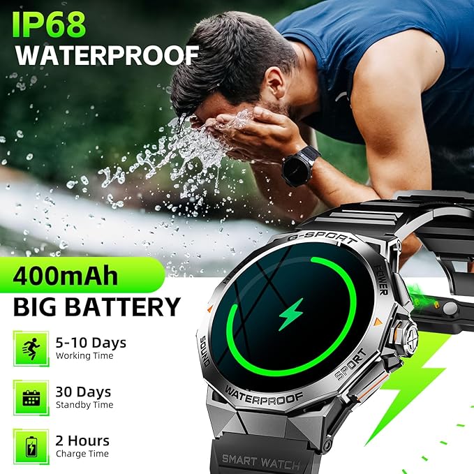 Military Smart Watch for Men with 1.43'' AMOLED Always On Display Watch 300mAh Battery Rugged Smartwatch with Heart Rate Blood Oxygen Sleep Monitor Fitness Tracker for iPhone Android (Stainless Steel)