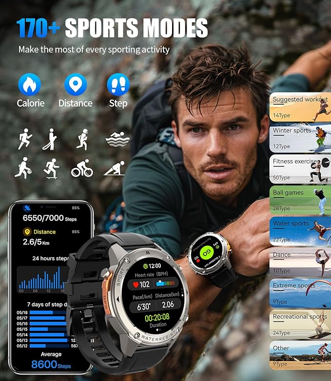 GPS Smart Watch for Men(Answer/Make Call),6 Satellite Positioning/Compass,50M Waterproof,500mAh Extra-large battery,1.43" AMOLED,170 Fitness Sports Modes/Heart Rate/SpO2/Blood Pressure for Android iOS