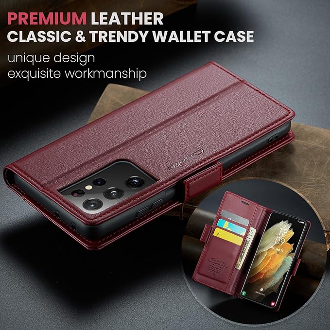 AUPAI for Samsung Galaxy S21 Ultra Wallet Case with Credit Card Holder, PU Leather RFID Blocking Folio Flip Kickstand Magnetic Clasp Protective Phone Cover for Women Men Wine Red