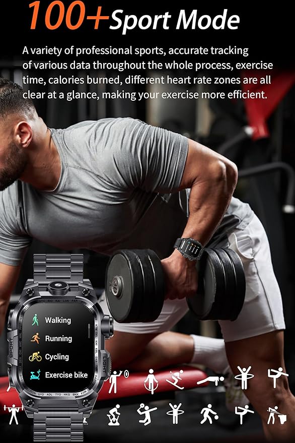 Tough Smart Watch for Working Men with Flashlight, 2.01" HD Ultra Large Rugged Smartwatch Bluetooth Call/Heart Rate/Sleep Monitor Hiking Camping Fitness Track Watches