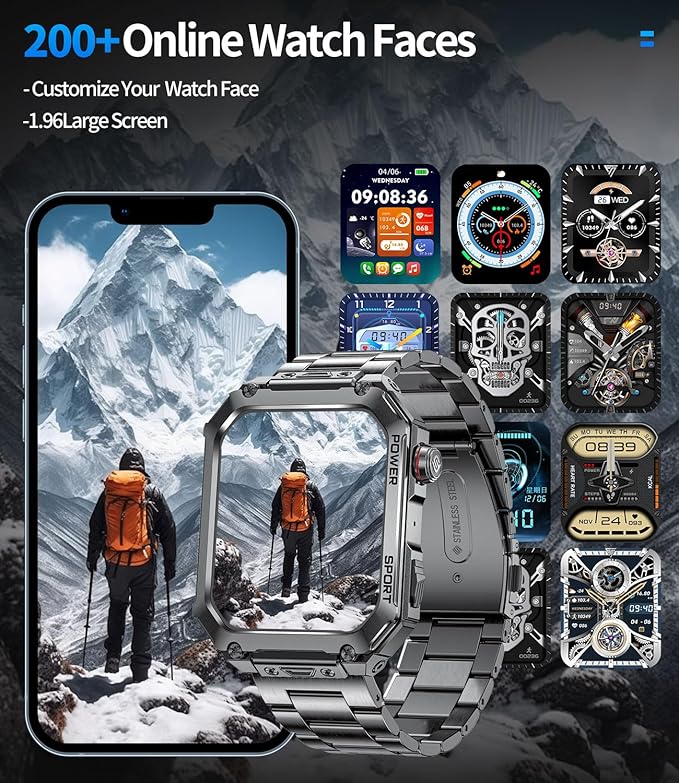 LIGE Military Smart Watches for Men, 1.96'' HD Screen with Answer Make Call Smart Watch for iOS Android Phone, Fitness Tracker with Heart Rate Sleep Monitor, 5ATM Waterproof Smartwatch