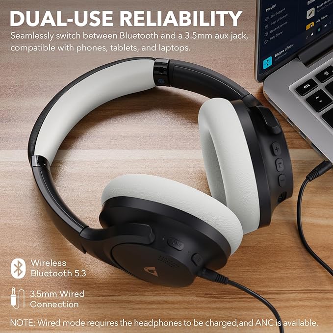1Mii Y8+ Noise Cancelling Headphones Bluetooth, Wireless LDAC Hi-Res Audio, Custom EQ via App, 75H Playtime, Comfort Fit, Over Ear Headphones Foldable for Airplane Travel Home Office Black Grey