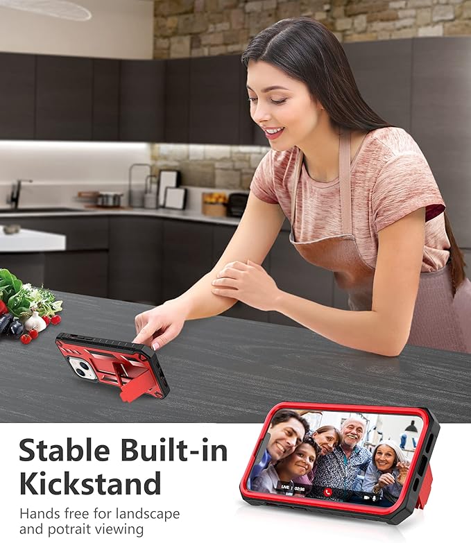 for iPhone 13/14 Protective Case: for iPhone 16e Cover with Built-in Kickstand | Heavy Duty Military Grade Hard Protection Shock Proof | Durable Dual-Layer Design Red