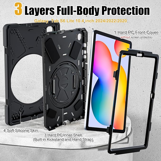 BRAECNstock for Samsung Galaxy Tab S6 Lite Case 10.4 Inch 2024/2022/2020 (SM-P620/P610/P619) Shockproof Rugged Protective Tab S6 Lite Kids Case with Pencil Holder, Rotating Stand & Hand Strap - Black