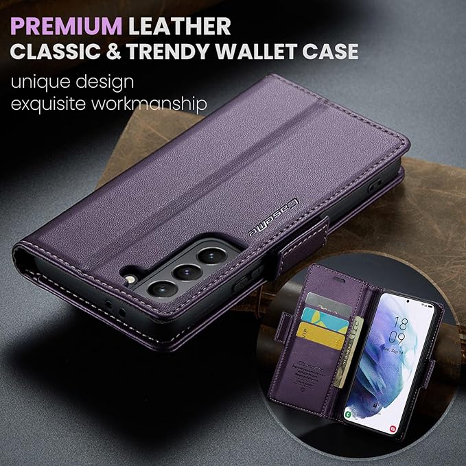 Case for Samsung Galaxy S21 Wallet Case, RFID Blocking PU Leather Flip Folio Cover Card Holder Kickstand Shockproof Phone Case Compatible with Samsung Galaxy S21, Purple
