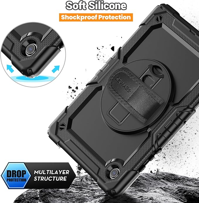 SEYMAC for Samsung Galaxy Tab A8 Case 10.5 Inch (SM-X200/ X205/ X207), Heavy Duty Full-Body Shockproof Protective Case with Screen Protector, Rotating Stand, Hand/Shoulder Strap and Pen Holder, Black