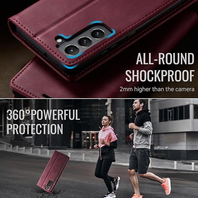 Wallet Case for Samsung Galaxy S21 FE Leather Wallet Flip Cover with Card Holder, Kickstand, Magnetic Closure, RFID Blocking TPU Shockproof Phone Case Compatible with S21 FE, Red