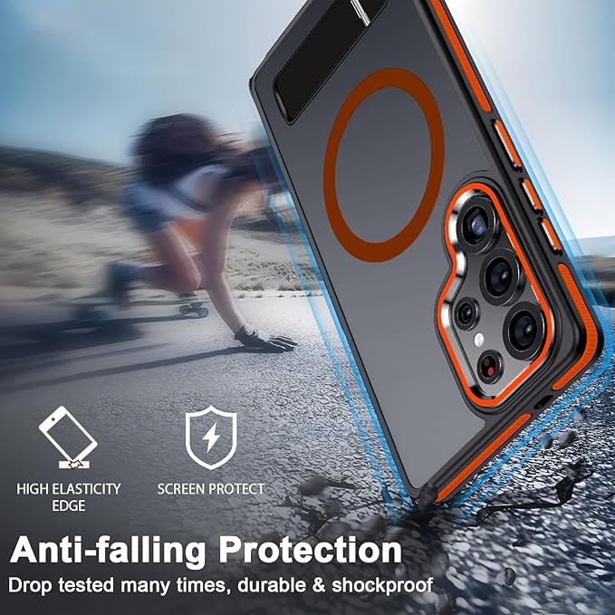 Stand Case for Samsung Galaxy S25 Ultra with 3 Way Adjustable, Shockproof Translucent Phone Case Fits for Magsafe, Hybrid Color Anti-Slip Matte Cover for Galaxy S25 Ultra (Black/Orange)