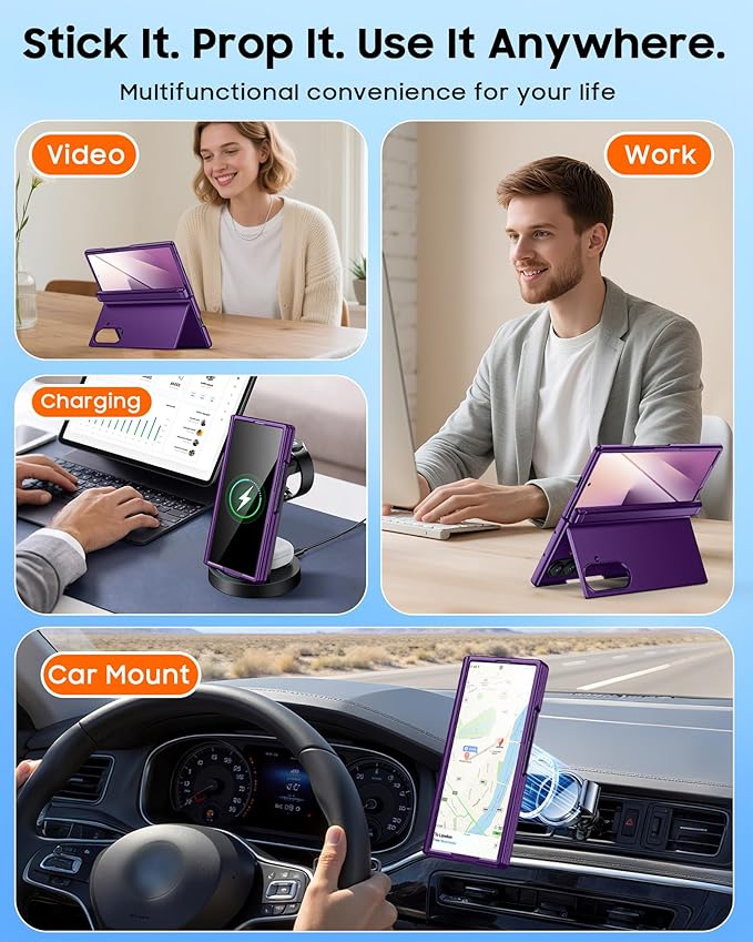 CENMASO Magnetic for Samsung Galaxy Z Fold 7 Case with Stand, Fit for Magsafe, Hinge Protection, Screen Protector, Built-in Hidden Kickstand, Slim Shockproof Phone Case for Galaxy Z Fold 7-Purple