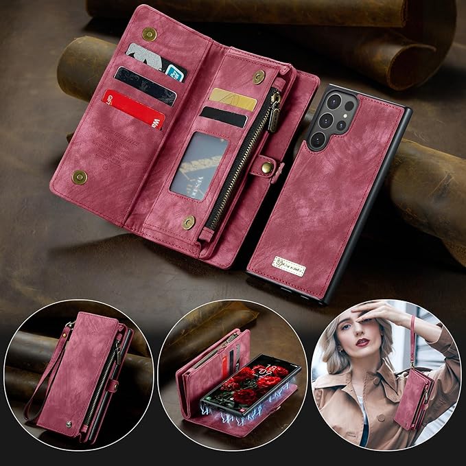 SZHAIYU 2 in 1 Detachable for Samsung Galaxy S25 Ultra Wallet Case with Card Holder, Retro Premium Flip Leather Cover Magnetic Zipper Pocket Phone Cases 6.8'' (Red, S25 Ultra)