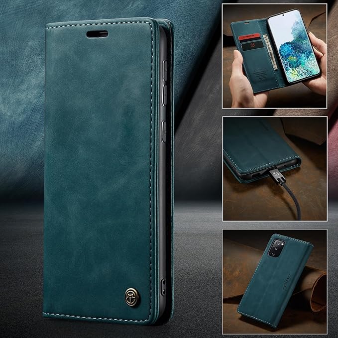 for Samsung Galaxy S20 FE Case, Flip Wallet Leather Case with Card Holder Magnetic Closure Shockproof Kickstand Protective Phone Cases Cover for Samsung S20 FE,Blue-Green