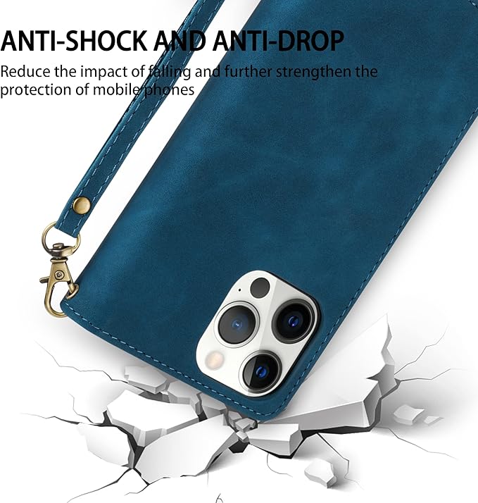 ZZXX for iPhone 12 Case Wallet with Card Slot Premium Soft PU Leather Zipper Flip Folio Wallet with Wrist Strap Kickstand Protective for iPhone 12 (Blue 6.1 inch)