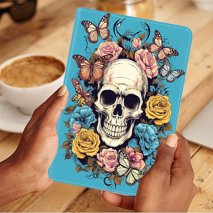 Case for Samsung Galaxy Tab S10 Lite / S10 FE / S9 FE 10.9-Inch / S9 11-Inch, Slim Lightweight PU Leather Stand Cover with Auto Wake/Sleep, Skull Flower Butterfly