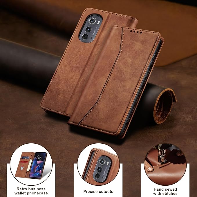 Jasonyu Flip Wallet Case for Motorola Edge (2022) Moto,Leather Magnetic Folio Cover with Card Holder,Kickstand - TPU Shockproof Durable Protective Phone Case,Brown
