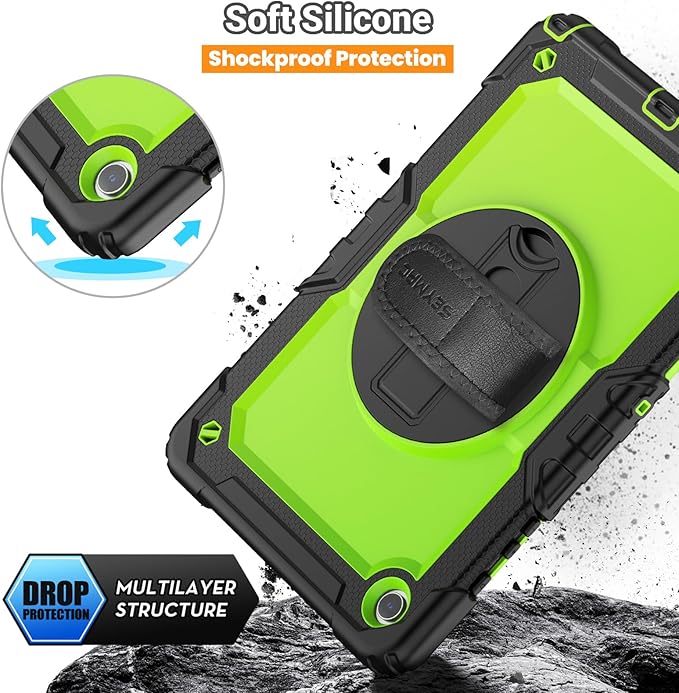 SEYMAC Case for Samsung Galaxy Tab A9+/ A9 Plus Case 11" (SM-X210/X216/X218), Heavy Duty Shockproof Protective Case with Screen Protector, Rotating Stand, Hand/Shoulder Strap, Green