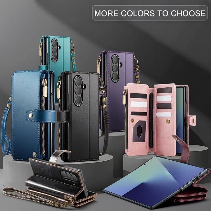 Vinich for Samsung Galaxy Z Fold 7 Wallet Case with Card Holder, Detachable Strap RFID Blocking Credit Slots Kickstand Shockproof Phone Cover for Women Men, Burgundy