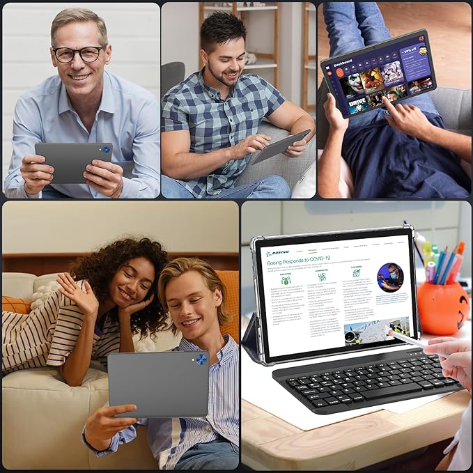 Android 15 Tablet with Keyboard, 26GB+256GB(2TB Expand), 10.1 Inch Tablet 8000 mAh Battery, BT 5.0, 5G WiFi, Widevine L1, Dual Camera, 2 in 1 Tab with Mouse, Case, Stylus(Black Case)