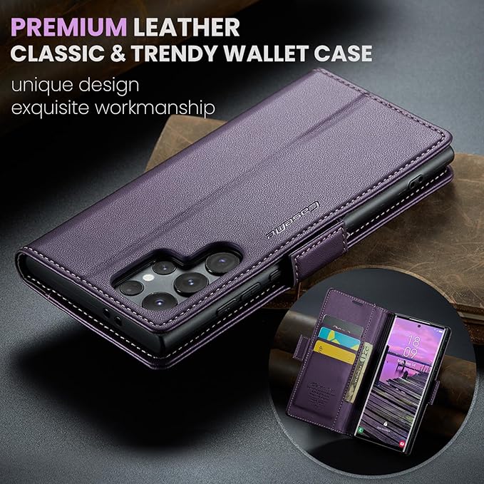 AUPAI for Samsung Galaxy S24 Ultra Wallet Case with Credit Card Holder, PU Leather RFID Blocking Folio Flip Kickstand Magnetic Clasp Protective Phone Cover for Women Men Purple
