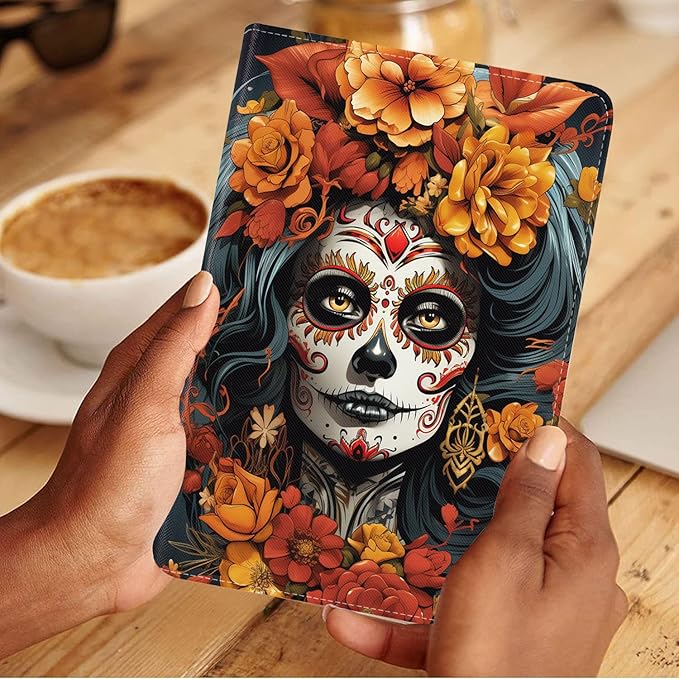 Case for Samsung Galaxy Tab S10 Lite / S10 FE / S9 FE 10.9-Inch / S9 11-Inch, Slim Lightweight PU Leather Stand Cover with Auto Wake/Sleep, Sugar Skull Girl Flowers