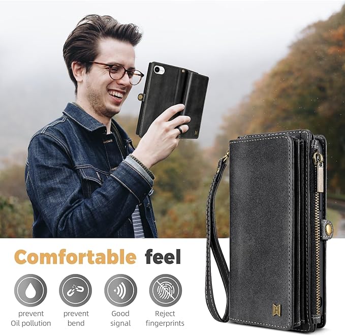 for iPhone 16e Wallet Phone Case with 7 Card Holder,RFID Blocking | PU Leather | Kickstand | Flip | Wrist Strap&Shoulder Strap | Shockproof | Zipper Wallet | Women Men | 6.1" | Black
