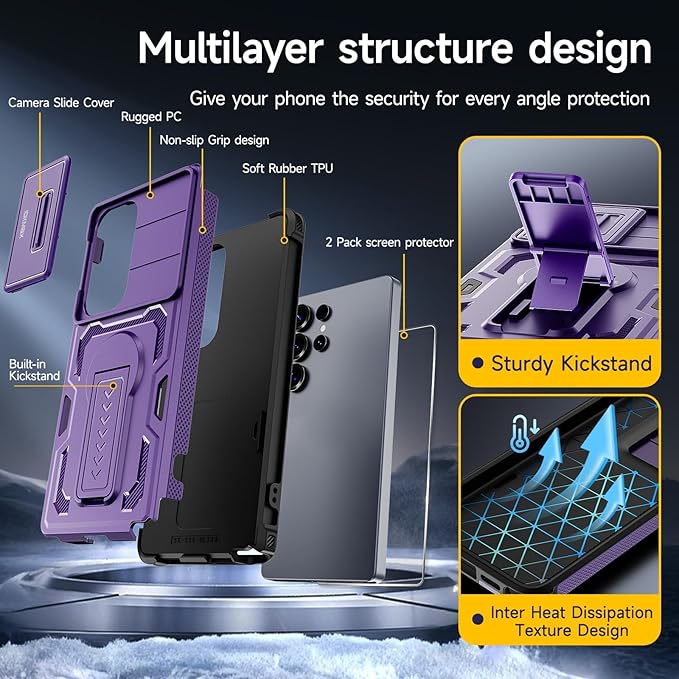for Samsung Galaxy S25 Ultra Case with 2*Screen Protector, Slide Camera Cover, Kickstand, Lanyard Strap,Military Grade Shockproof Protective Heavy Duty Non-Slip for S25 Ultra Case-6.9'', Purple