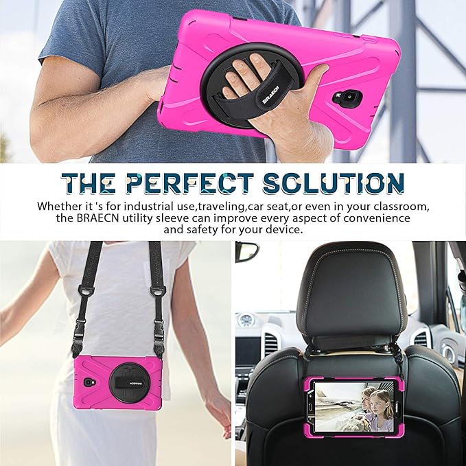 BRAECNstock Samsung Galaxy Tab A 8.0 2017 Case,Shockproof Protective SM-T380 Tablet Kids Case with 360° Rotating Hand Strap&Stand,Shoulder Strap for Galaxy Tab A 2017 Case SM-T380/T385 Case,Rose Red