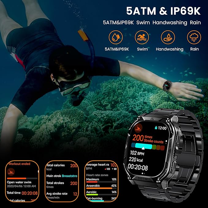 AMAZTIM GPS Smart Watch for Men, 6 Satellite Positioning, Compass, Stainless Steel Body, 50M Waterproof, 480mAh Extra-Large Battery, Answer/Make Call, 1.96" AMOLED Screen, Compatible for Android iOS