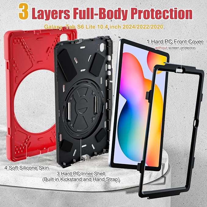 BRAECNstock for Samsung Galaxy Tab S6 Lite Case 10.4 Inch 2024/2022/2020 (SM-P620/P610/P619) Shockproof Protective Silicone Tab S6 Lite Kids Case Cover with Pen Holder Rotating Stand Hand Strap - Red