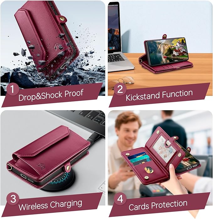 DJBull for Samsung Galaxy S25 Wallet Case with Card Holder, Shoulder and Wristlet Straps, Soft PU Leather, Magnetic Snap, Flip Phone Case for Women Men for Samsung S25 Wine Red