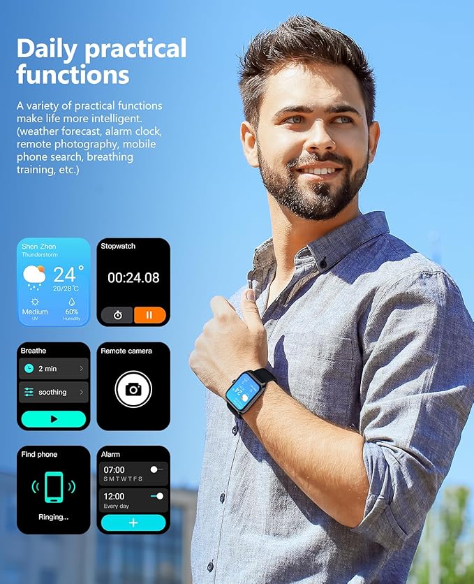 Smart Watch (Answer/Make Call) for Men Women, 2.02" Smartwatch with Blood Oxygen/Blood Pressure/Heart Rate/Sleep Monitor, IPX8 Waterproof Fitness Tracker, 100+ Sports Modes Compatible with iOS Android