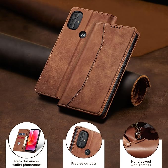 Jasonyu Flip Wallet Case for Moto G Play (2023)/Moto G Power (2022),Leather Magnetic Folio Cover with Card Holder,Kickstand - TPU Shockproof Durable Protective Phone Case,Brown