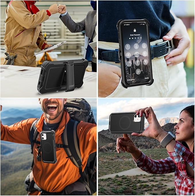 for iPhone 12 & 12 Pro Case with Belt Clip Holster, Anti-Shock, Anti-Slip, Compatible with MagSafe, 3-Layer Drop Protection, Heavy Duty Magnetic Phone Case Cover 12 6.1", Black