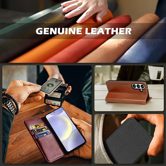 SHIELDON Case for Galaxy S25 Plus 6.7", Genuine Leather Wallet Flip Book RFID Blocking Card Holder Kickstand Shock Absorbing Protective Case Compatible with Galaxy S25+ 2025 - Retro Dark Blue