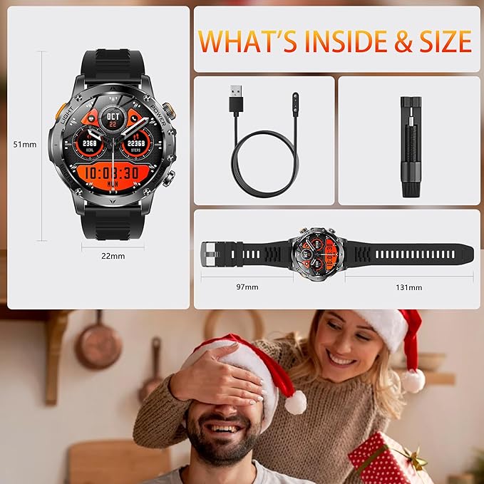 KPEP Military Smart Watches for Men, 1000mAh Battery/LED Flashlight/2 Straps/IP67 Waterproof Smartwatch, Stress/Blood Oxygen/Heart Rate/Sleep Monitor, Reminder, Fitness Tracker for iOS Android, Black