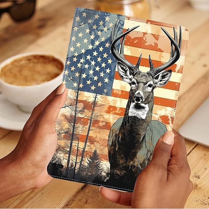 Case for Samsung Galaxy Tab S10 Lite / S10 FE / S9 FE 10.9-Inch / S9 11-Inch, Slim Lightweight PU Leather Stand Cover with Auto Wake/Sleep, American Flag Deer