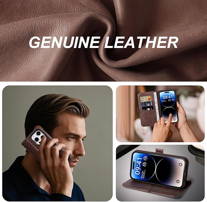 Case for iPhone 16 Pro Max 5G 2024-Genuine Leather Folio Wallet Magnetic Kickstand RFID Blocking Card Slots Shock-Absorbent Phone Cover Compatible with iPhone 16 Pro Max 6.9" (Darkbrown)