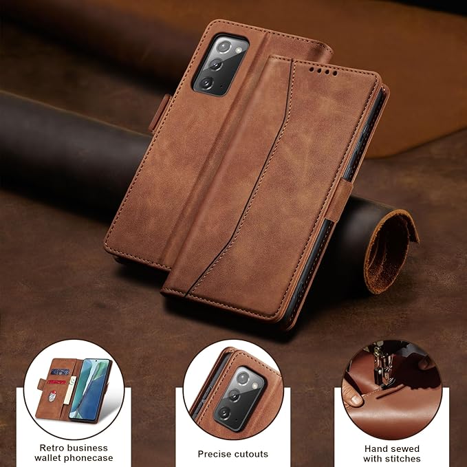 Jasonyu Flip Wallet Case for Samsung Galaxy Note 20,Leather Magnetic Folio Cover with Card Holder,Kickstand - TPU Shockproof Durable Protective Phone Case,Brown