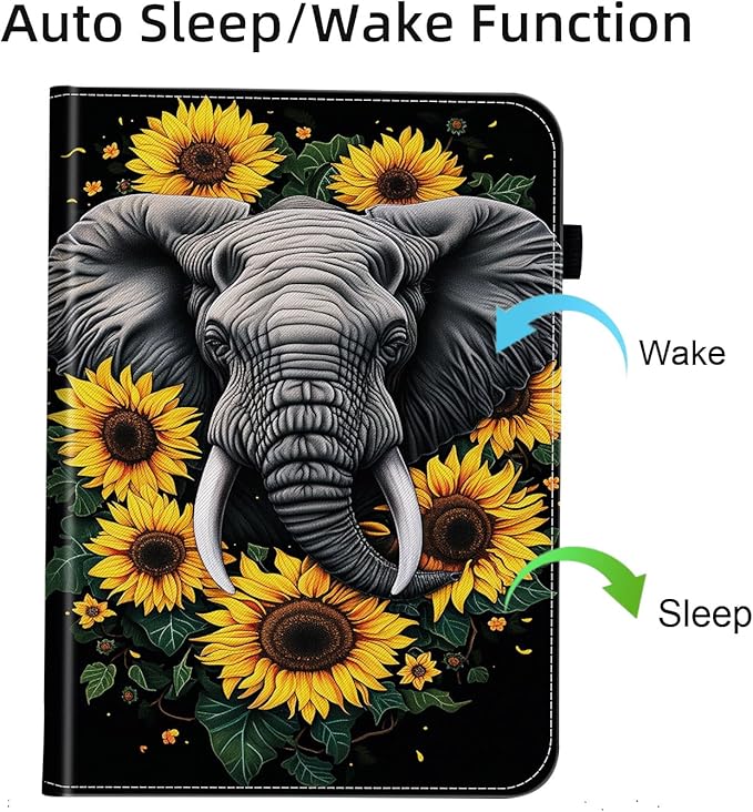 Case for Samsung Galaxy Tab S9 FE 5G 10.9 Inch/Galaxy Tab S9 11 Inch 2023,Card Slot PU Leather TPU Case Pen Holder Auto Wake Sleep,Sunflower Elephant