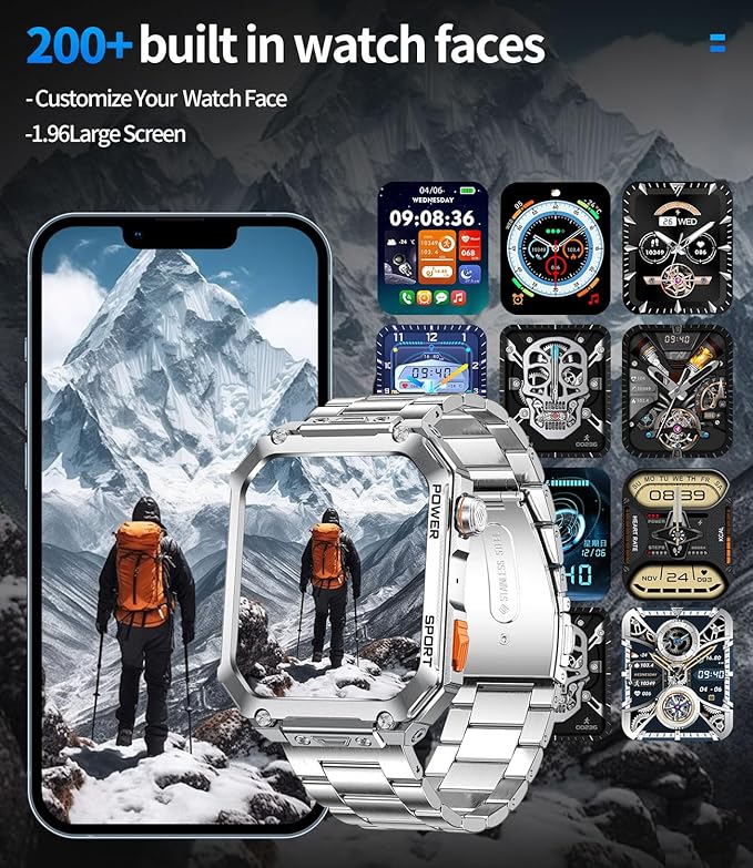 LIGE Military Smart Watches for Men, 1.96'' HD Screen with Answer Make Call Smart Watch for iOS Android Phone, Fitness Tracker with Heart Rate/Sleep Monitor, 5ATM Waterproof, Silver