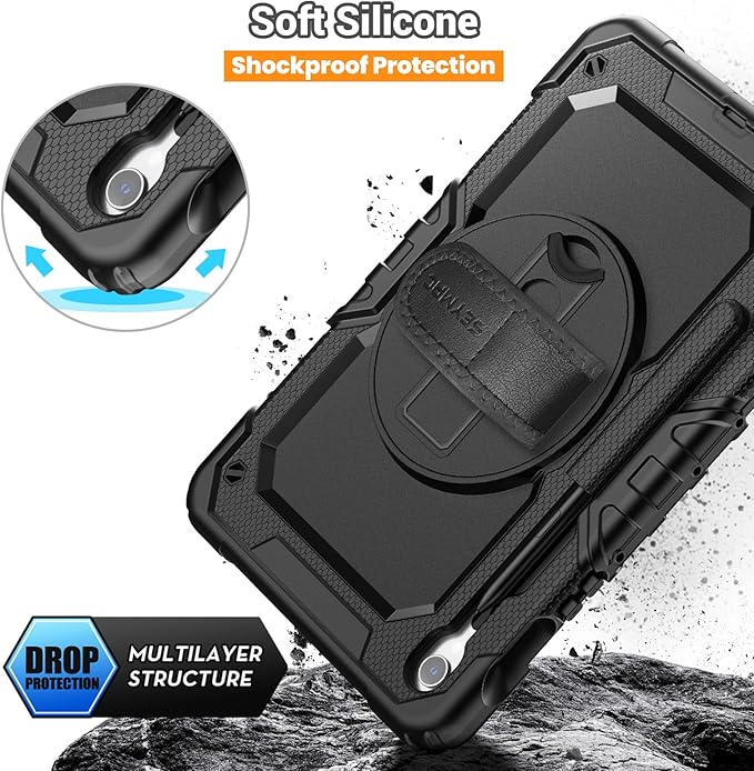 SEYMAC Case for Samsung Galaxy Tab S10 Lite/ S10 FE/ S9 FE/ S9 5G (10.9''/11''), Heavy Duty Shockproof Protective Case with Screen Protector, Rotating Stand, Hand Strap and Pen Holder, Black