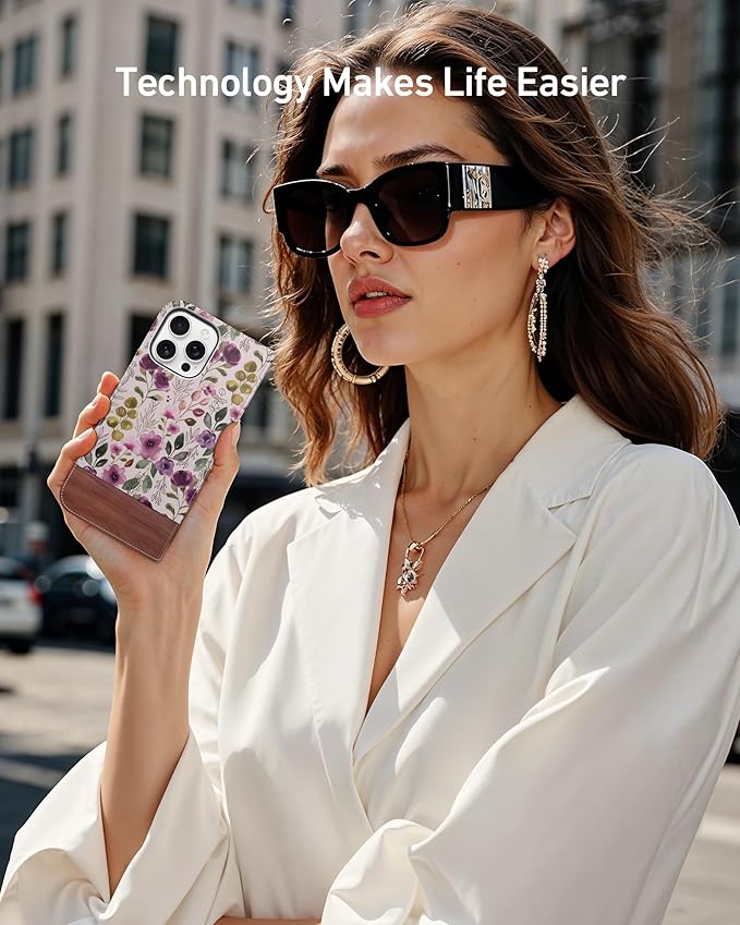 DEENAKIN for iPhone 15 Pro Wallet Case with Card Holder + Cash Clip, RFID-Blocking, Military-Grade Drop Protection, Magnetic Closure with Leather Kickstand - Floral Wallpaper