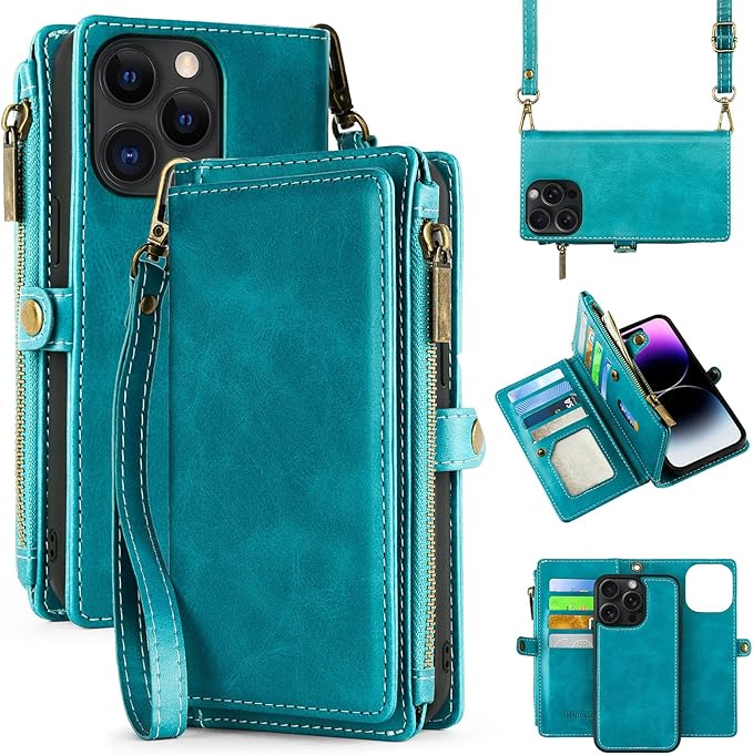 MInCYB Case Wallet for Samsung Galaxy S22 Ultra, Zipper Leather Flip Case with RFID Blocking Cards Holder Slots Wristlet Strap Purse, Detachable Magnetic Folio Cover for Galaxy S22 Ultra 6.8" - Blue