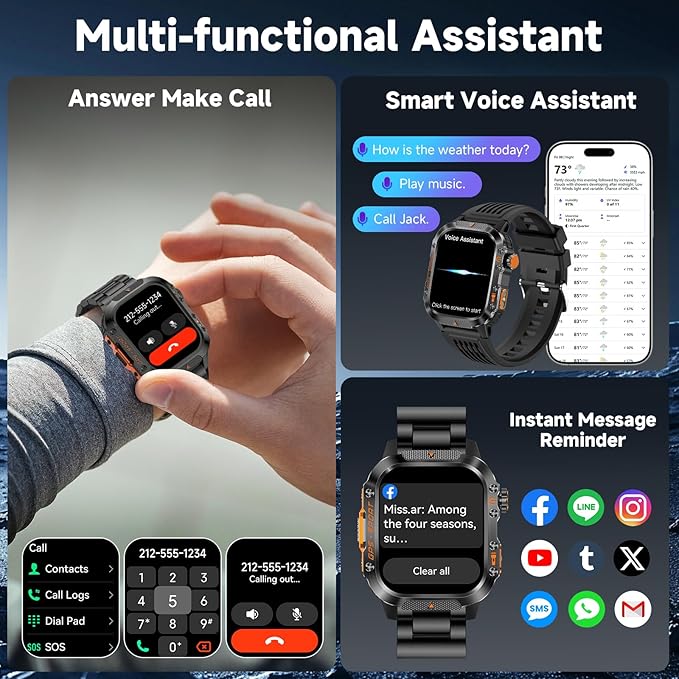 GPS Smart Watch for Men (Answer/Make Calls), 2.01'' Military Rugged Smartwatches for Android iPhone Fitness Tracker with Compass/10 Days Battery/Heart Rate/Sleep/100+ Sport Modes(2 Straps)