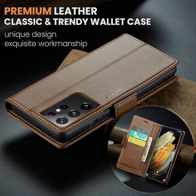 Case for Samsung Galaxy S21 Ultra Wallet Case, RFID Blocking PU Leather Flip Folio Cover Card Holder Kickstand Shockproof Phone Case Compatible with Samsung Galaxy S21 Ultra, Brown